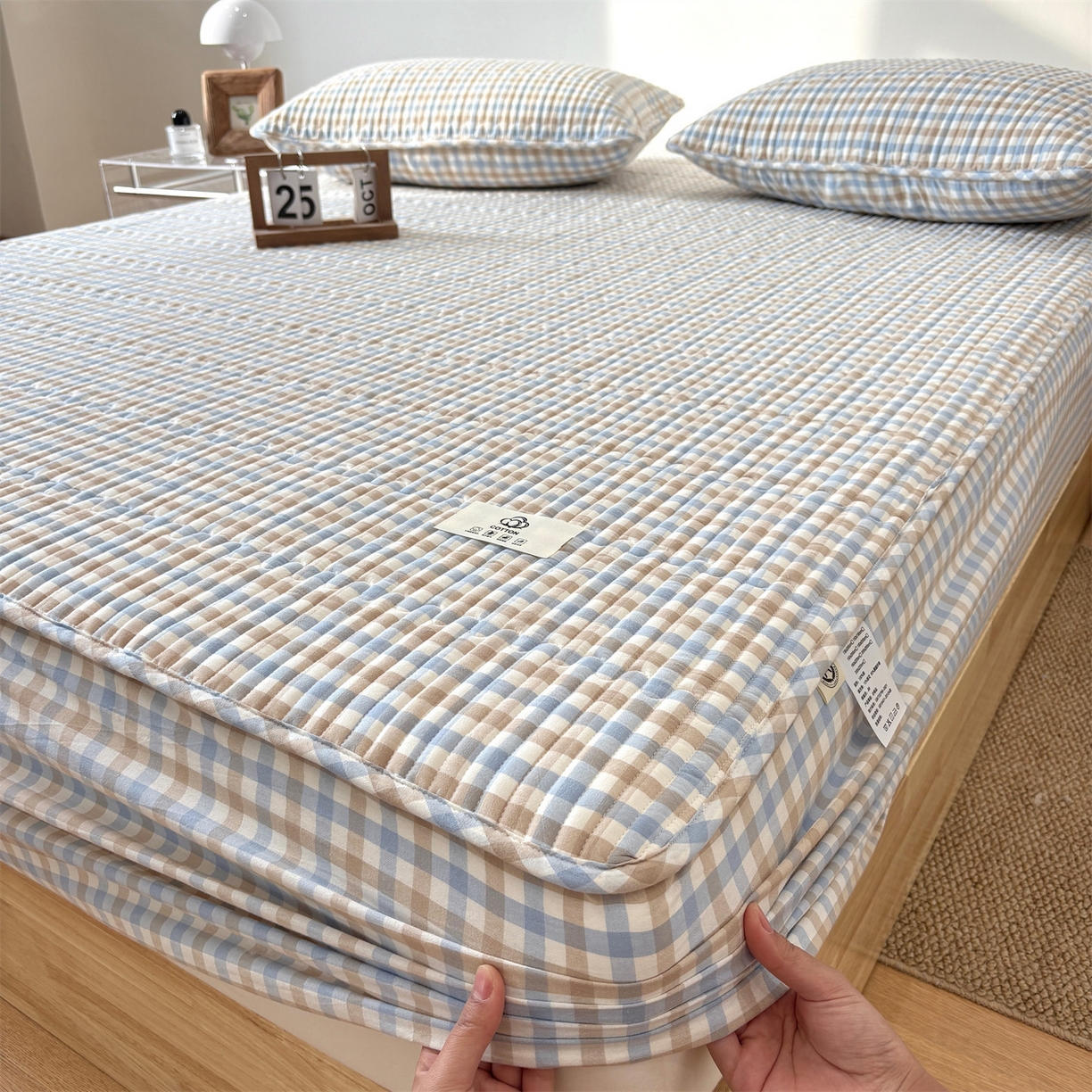居眠 2025新款格子全棉纯棉水洗棉棉花单床笠床笠单件单品床笠 夹棉款-印月兰