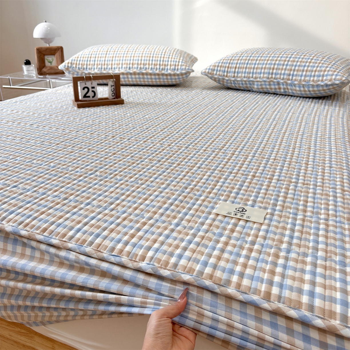 91家纺网 家纺一手货源 找家纺 居眠 2025新款格子全棉纯棉水洗棉棉花单床笠床笠单件单品床笠 夹棉款-印月兰