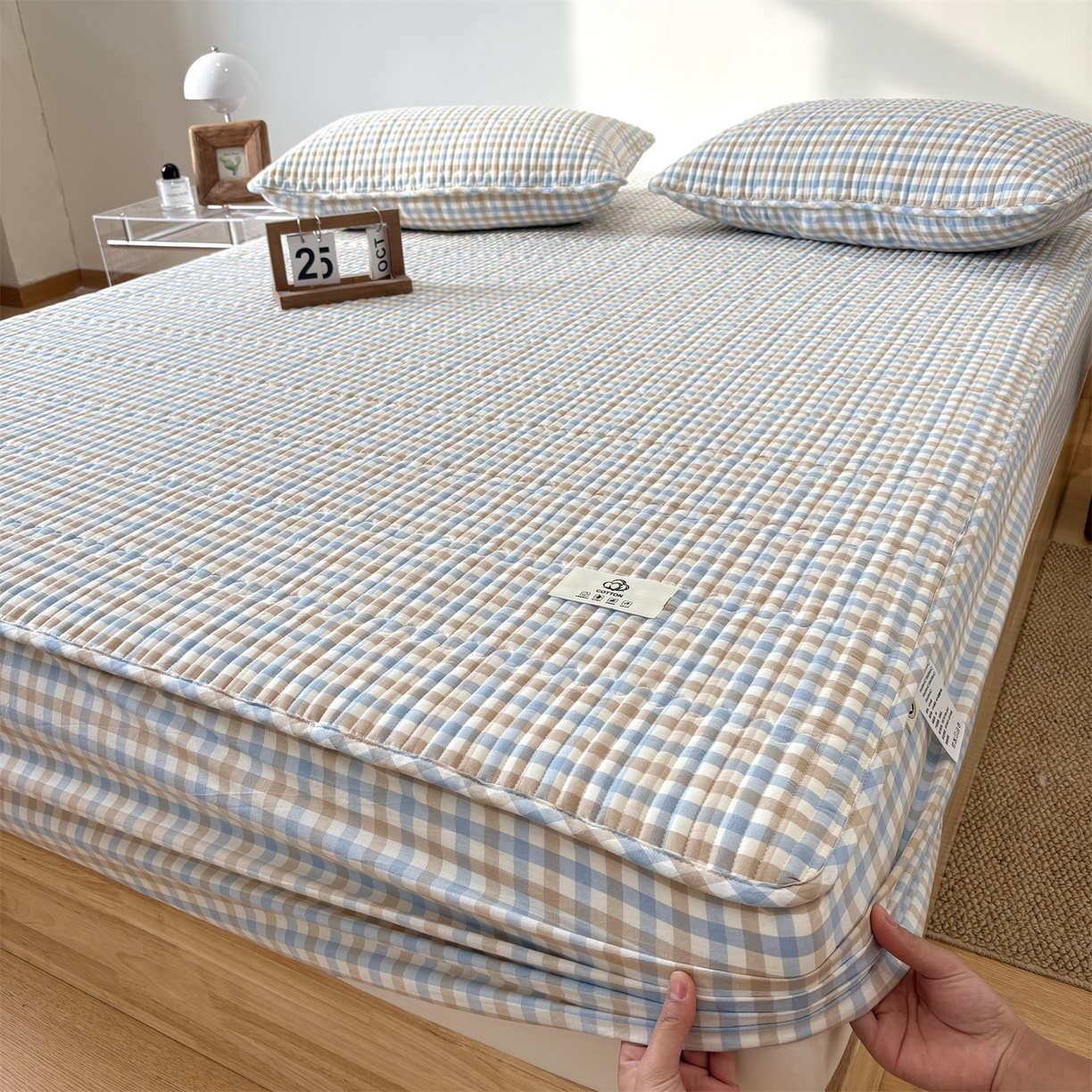 91家纺网 家纺一手货源 找家纺 居眠 2025新款格子全棉纯棉水洗棉棉花单床笠床笠单件单品床笠 夹棉款-印月兰