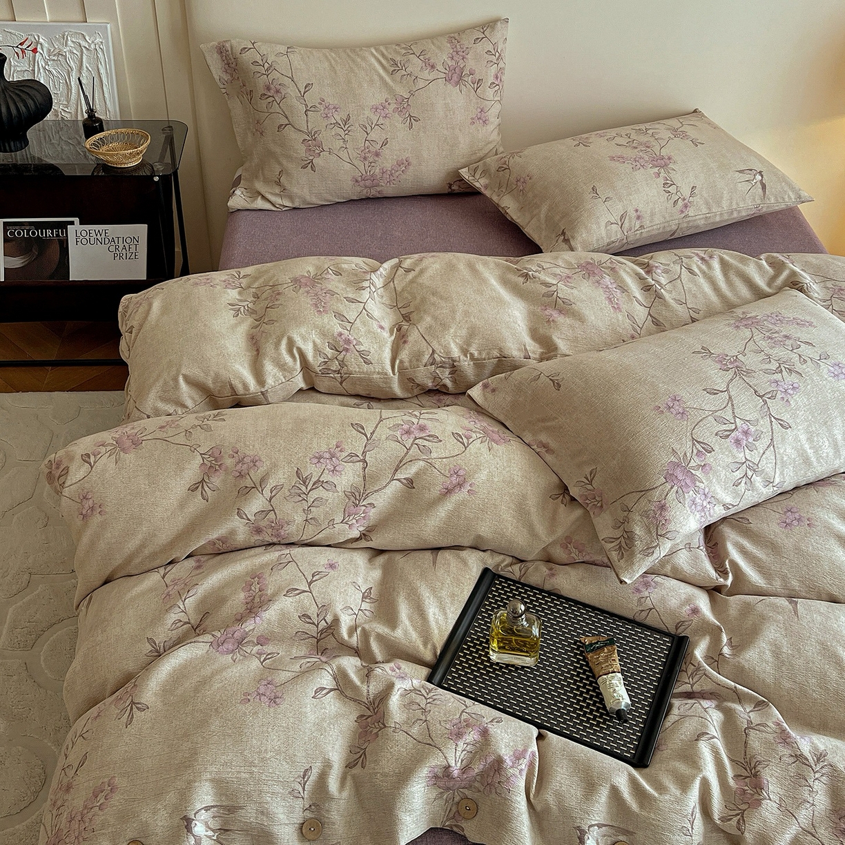 91家纺网 家纺一手货源 找家纺 卢赛尔 2025新品加厚130g高克重复古风原麻印花四件套单被套  春燕