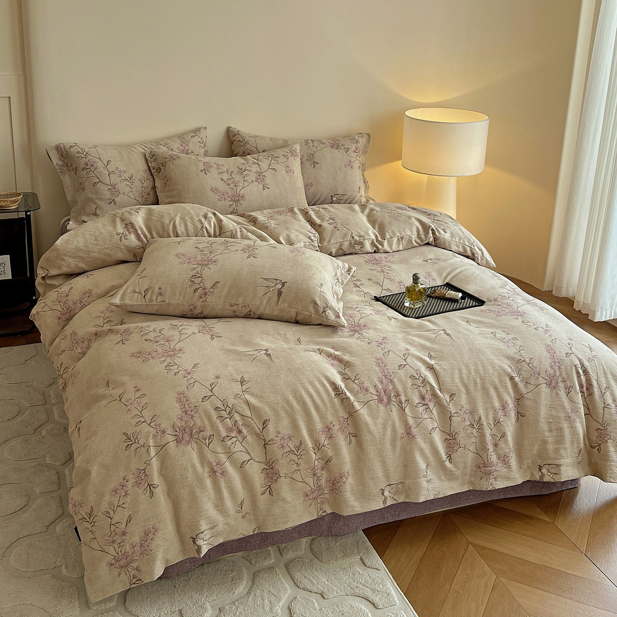 91家纺网 家纺一手货源 找家纺 卢赛尔 2025新品加厚130g高克重复古风原麻印花四件套单被套  春燕