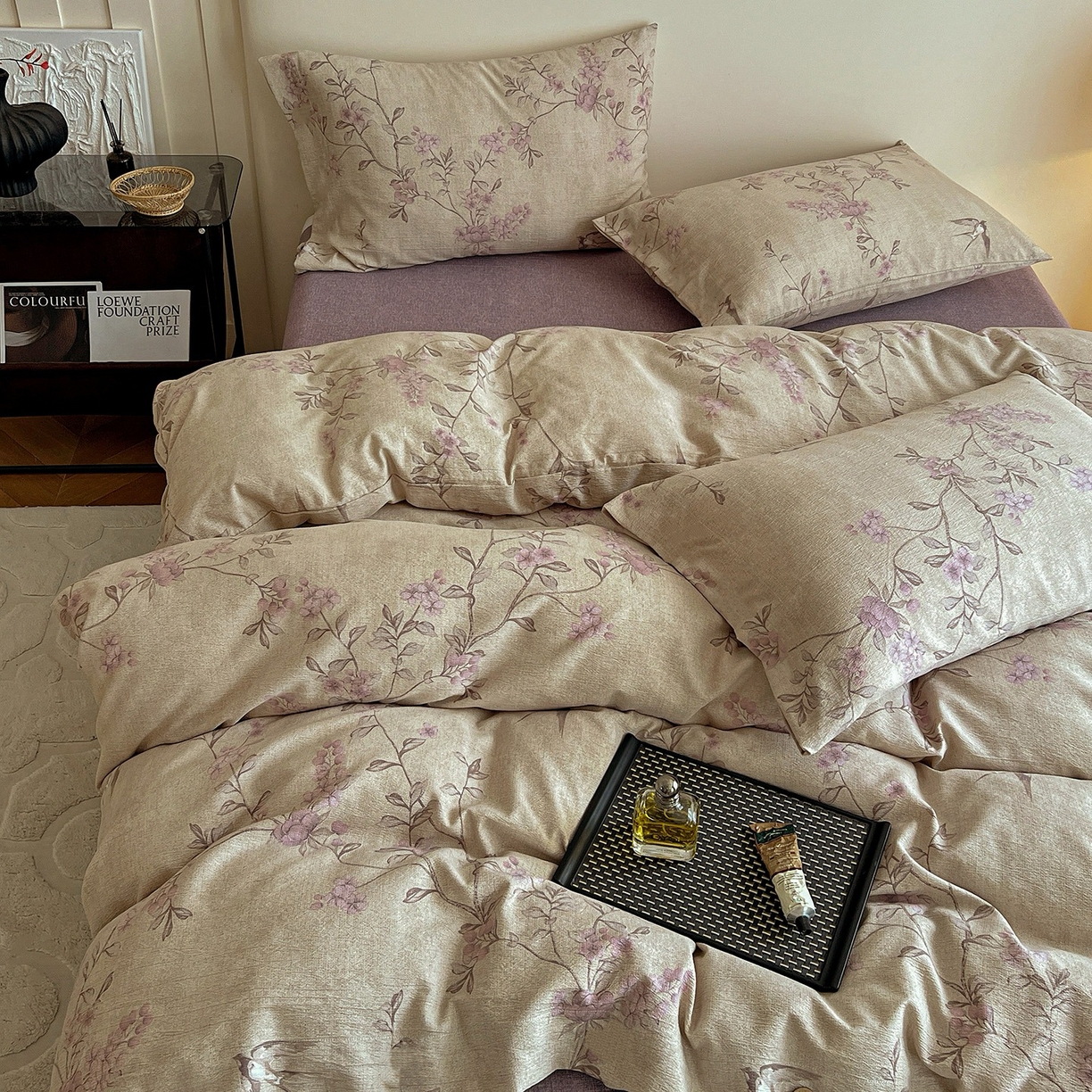 91家纺网 家纺一手货源 找家纺 卢赛尔 2025新品加厚130g高克重复古风原麻印花四件套单被套  春燕