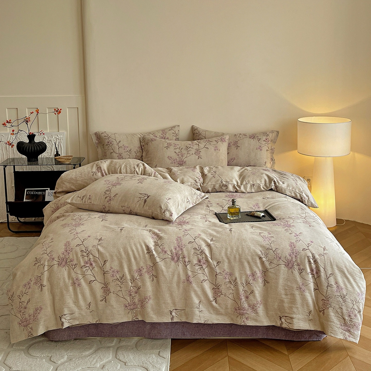 卢赛尔 2025新品加厚130g高克重复古风原麻印花四件套单被套  春燕