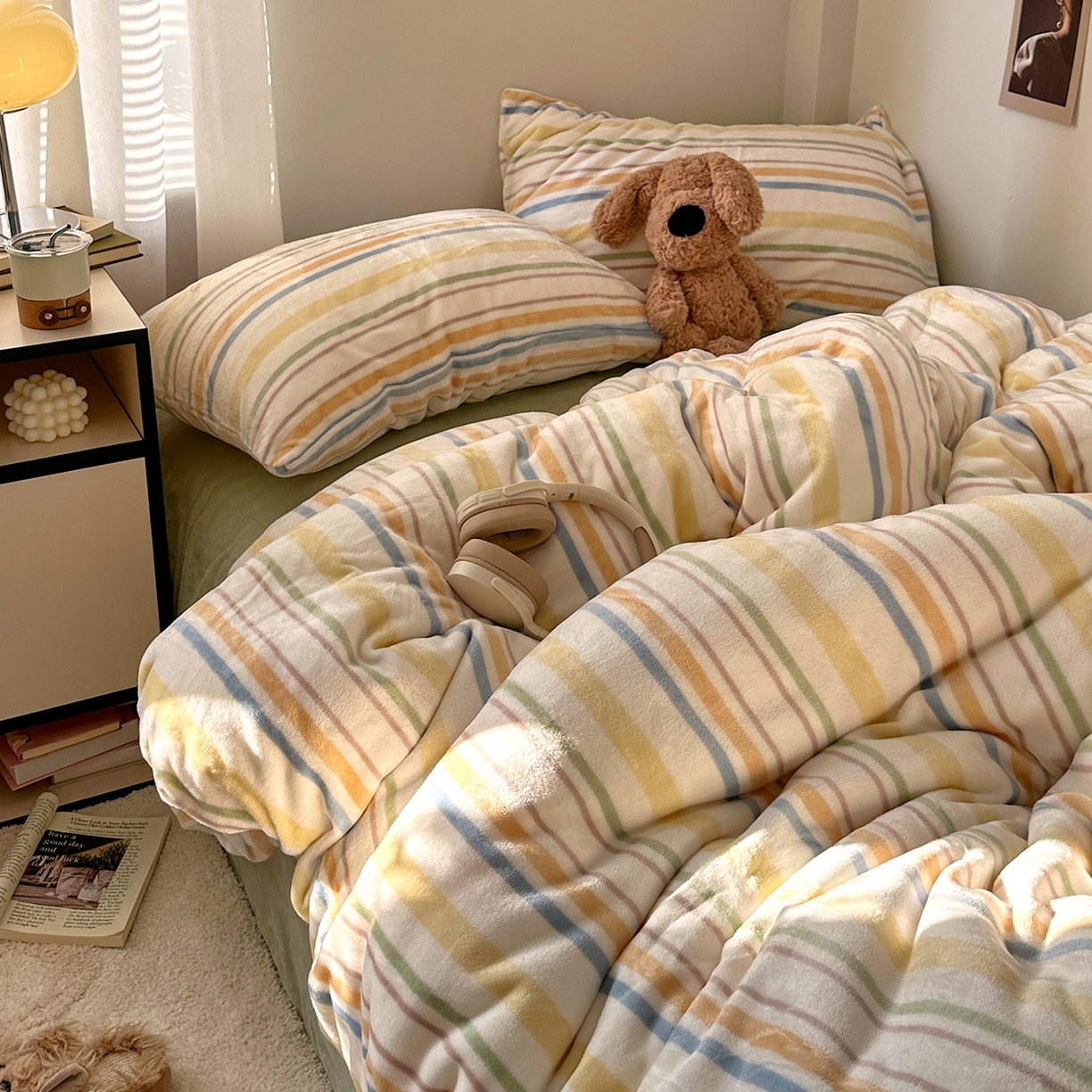 艾咪-Amy ntmy 2025新款治愈系条纹牛奶绒四件套 青柠奶绿