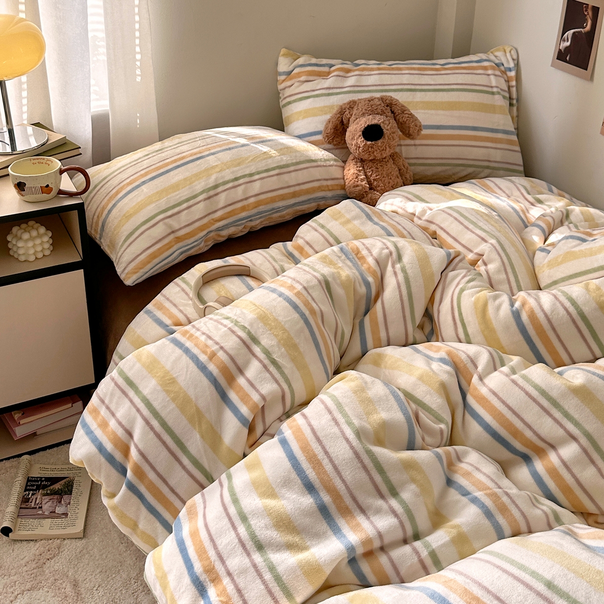 艾咪-Amy ntmy 2025新款治愈系条纹牛奶绒四件套 青柠焦糖