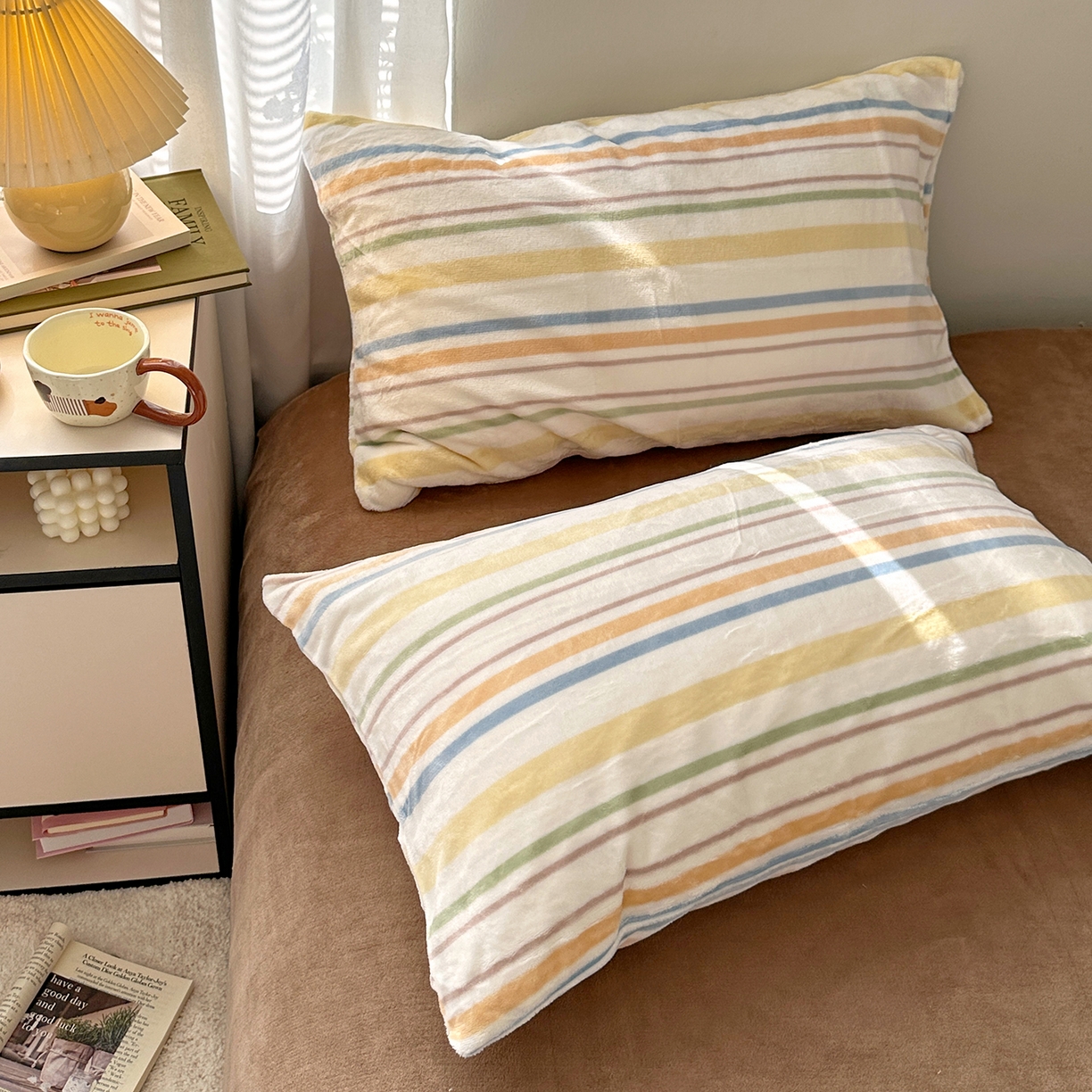 91家纺网 家纺一手货源 找家纺 艾咪-Amy ntmy 2025新款治愈系条纹牛奶绒四件套 青柠焦糖