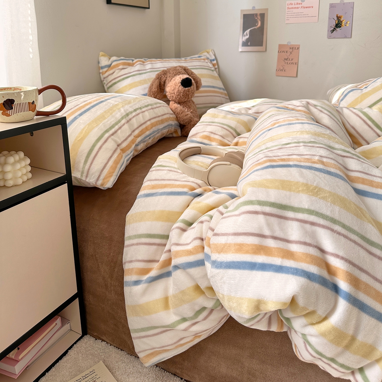 91家纺网 家纺一手货源 找家纺 艾咪-Amy ntmy 2025新款治愈系条纹牛奶绒四件套 青柠焦糖