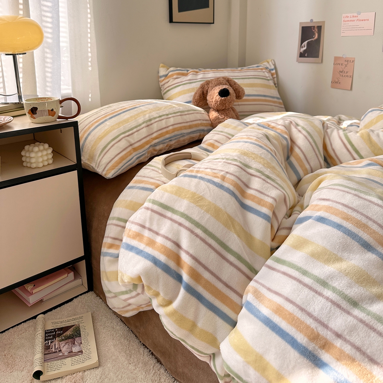 91家纺网 家纺一手货源 找家纺 艾咪-Amy ntmy 2025新款治愈系条纹牛奶绒四件套 青柠焦糖