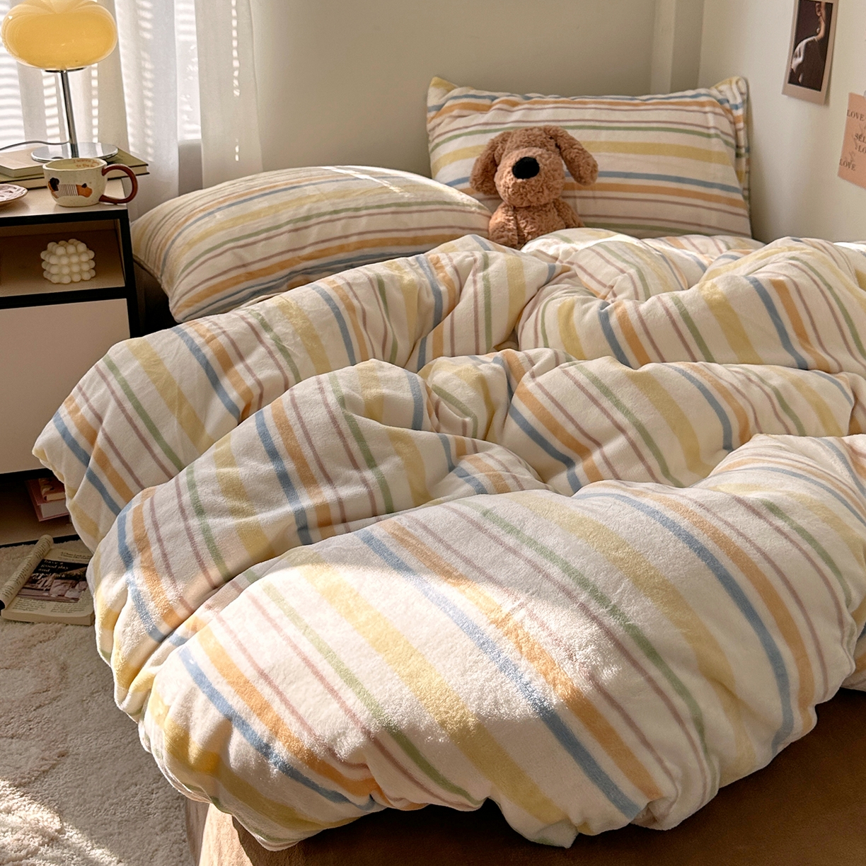 91家纺网 家纺一手货源 找家纺 艾咪-Amy ntmy 2025新款治愈系条纹牛奶绒四件套 青柠焦糖