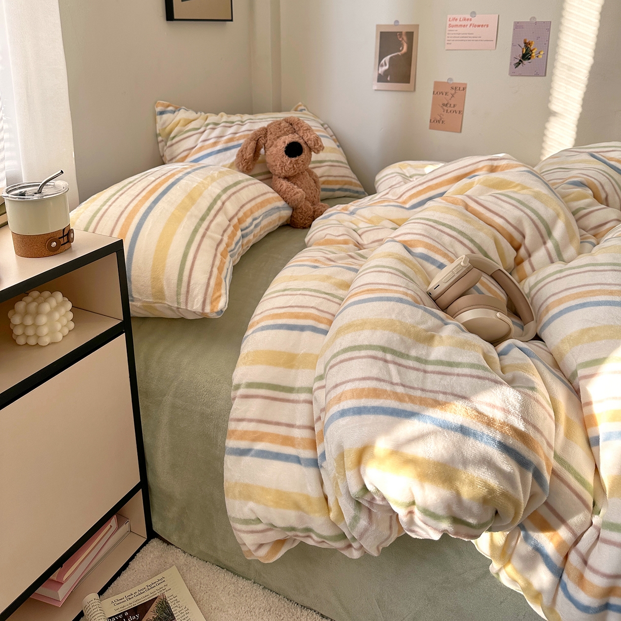 91家纺网 家纺一手货源 找家纺 艾咪-Amy ntmy 2025新款治愈系条纹牛奶绒四件套 青柠奶绿