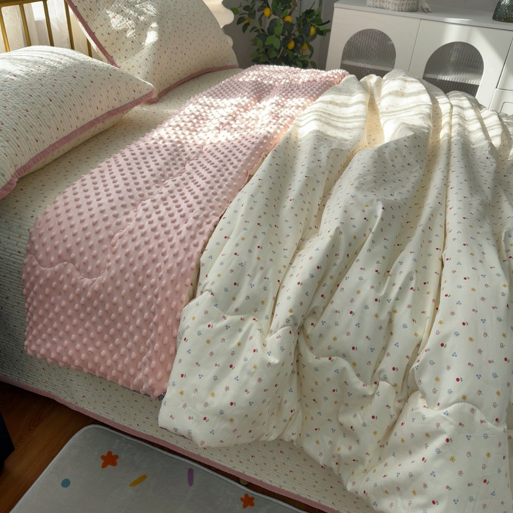 暖居 2026新款一面纯棉一面绒床盖+同款纯棉豆豆被跑量 小花