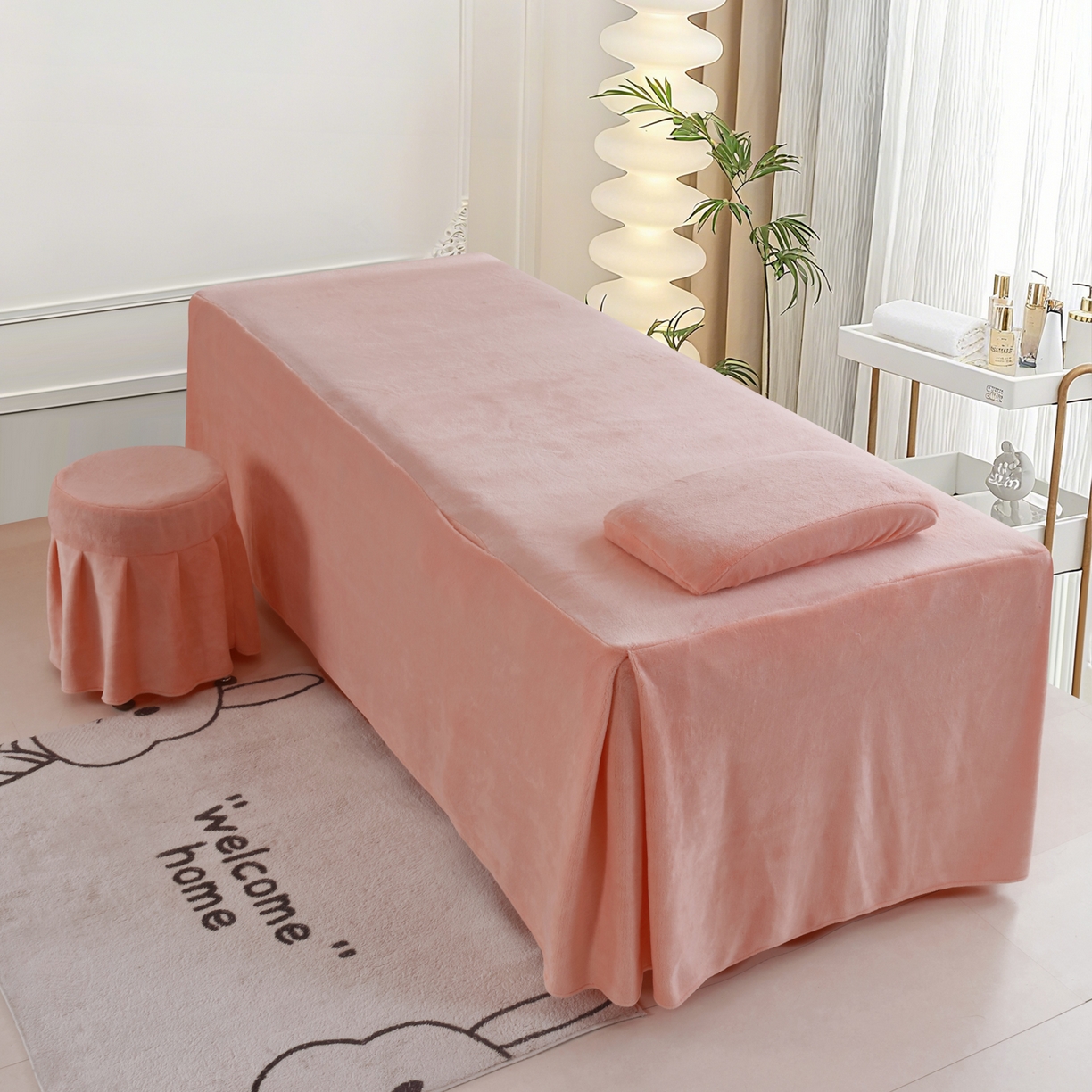 91家纺网 家纺一手货源 找家纺 千姿坊美容床罩 2025新款秋冬加厚保暖牛奶绒美容床罩四件套美容院养生馆专用 淘气熊猫-粉