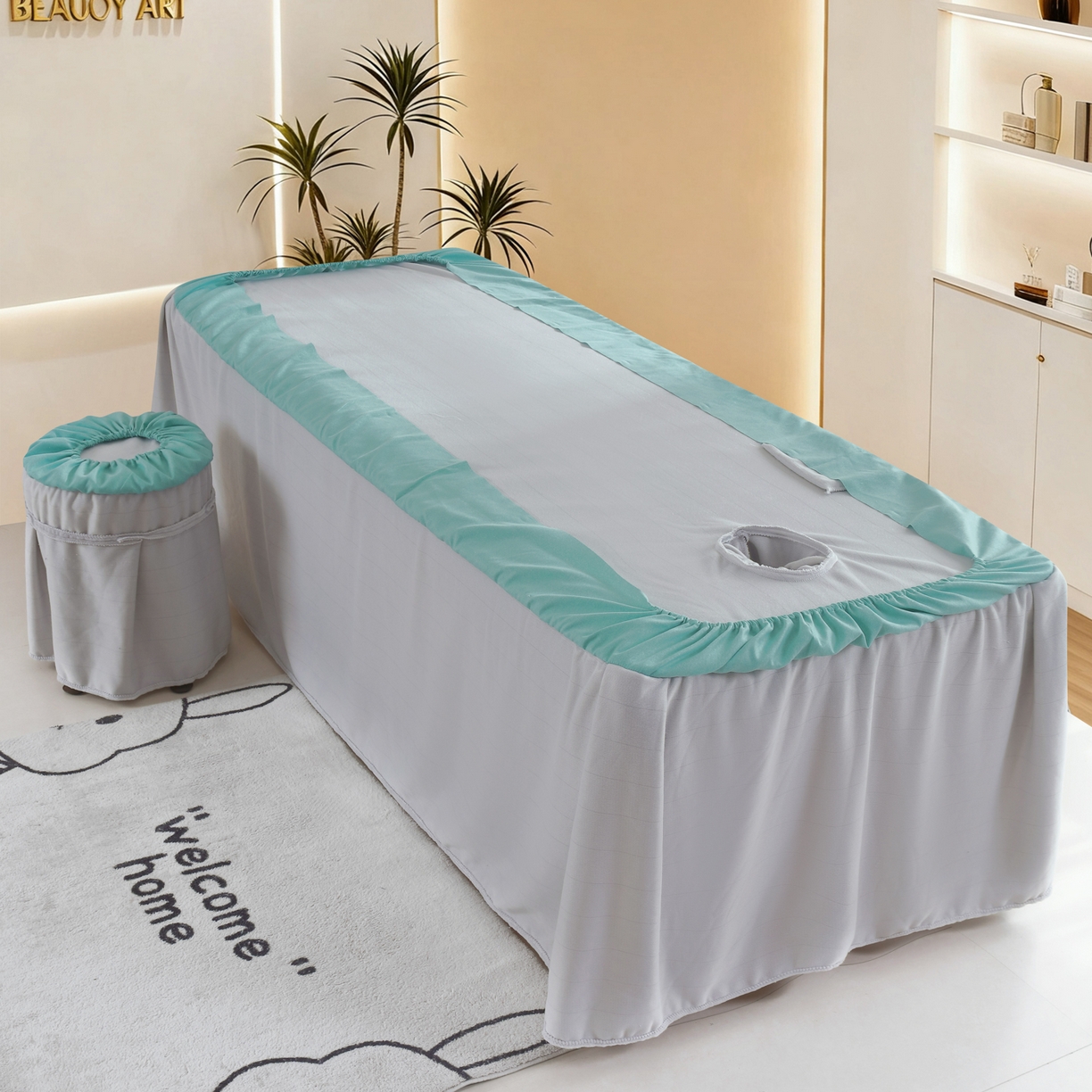 91家纺网 家纺一手货源 找家纺 千姿坊美容床罩 2025新款秋冬加厚保暖牛奶绒美容床罩四件套美容院养生馆专用 淘气熊猫-灰色