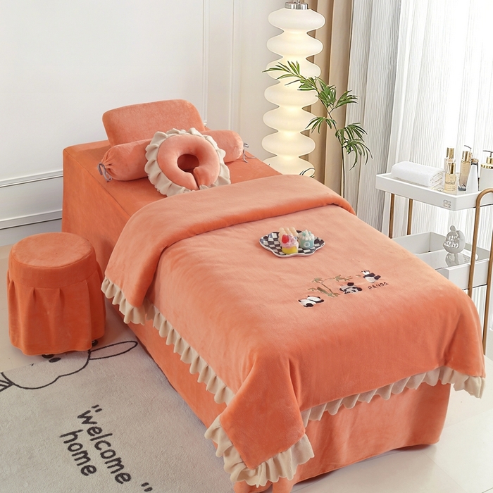 千姿坊美容床罩 2025新款秋冬加厚保暖牛奶绒美容床罩四件套美容院养生馆专用 淘气熊猫-橘色