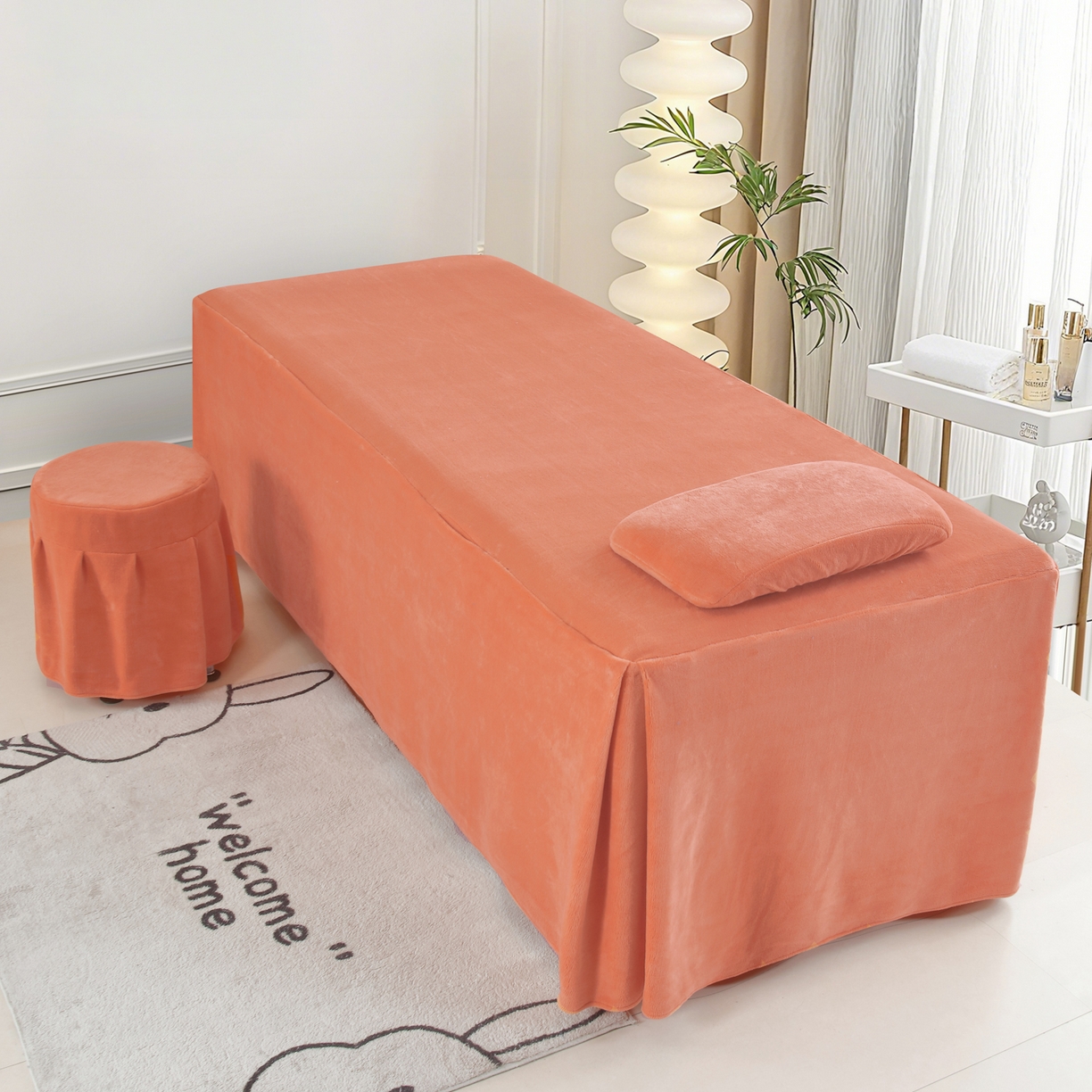 91家纺网 家纺一手货源 找家纺 千姿坊美容床罩 2025新款秋冬加厚保暖牛奶绒美容床罩四件套美容院养生馆专用 淘气熊猫-橘色