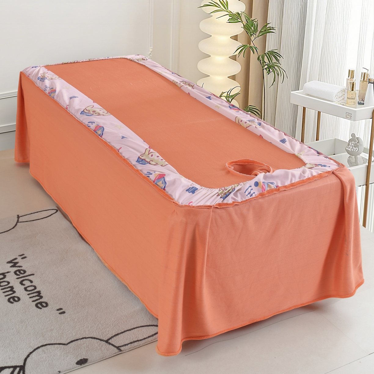 91家纺网 家纺一手货源 找家纺 千姿坊美容床罩 2025新款秋冬加厚保暖牛奶绒美容床罩四件套美容院养生馆专用 淘气熊猫-橘色