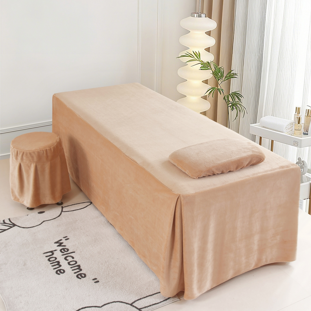 91家纺网 家纺一手货源 找家纺 千姿坊美容床罩 2025新款秋冬加厚保暖牛奶绒美容床罩四件套美容院养生馆专用 淘气熊猫-卡其