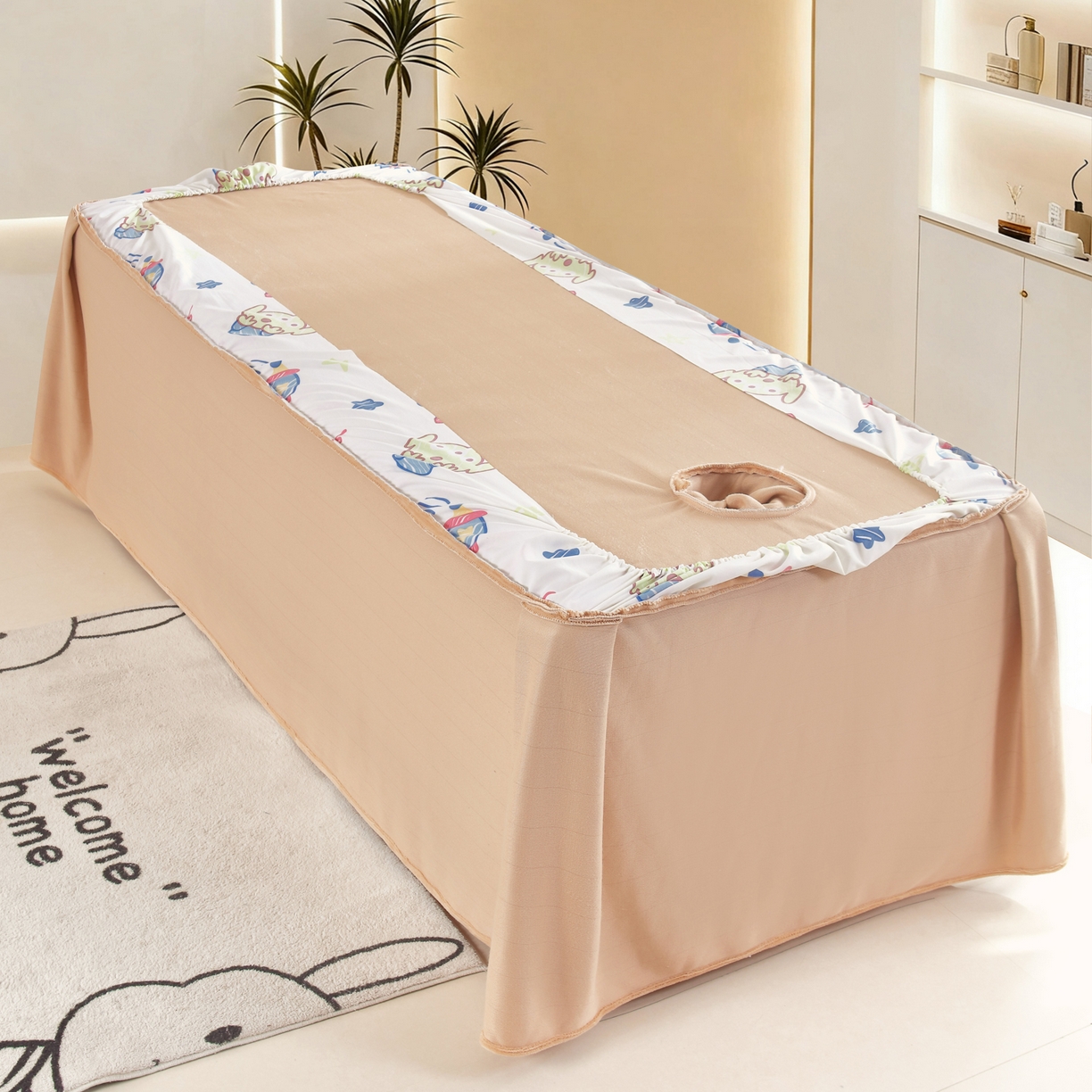 91家纺网 家纺一手货源 找家纺 千姿坊美容床罩 2025新款秋冬加厚保暖牛奶绒美容床罩四件套美容院养生馆专用 淘气熊猫-卡其