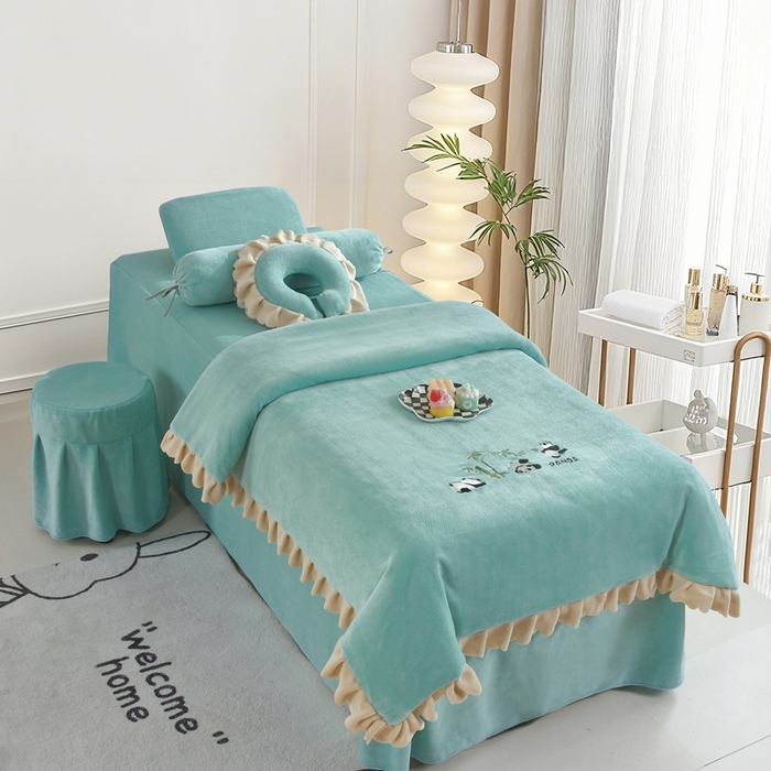 千姿坊美容床罩 2025新款秋冬加厚保暖牛奶绒美容床罩四件套美容院养生馆专用 淘气熊猫-浅绿