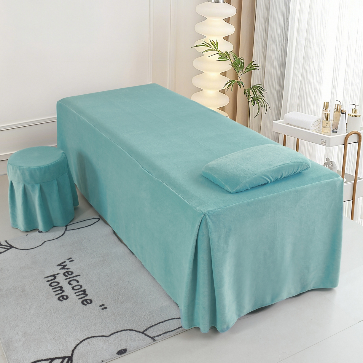 91家纺网 家纺一手货源 找家纺 千姿坊美容床罩 2025新款秋冬加厚保暖牛奶绒美容床罩四件套美容院养生馆专用 淘气熊猫-浅绿