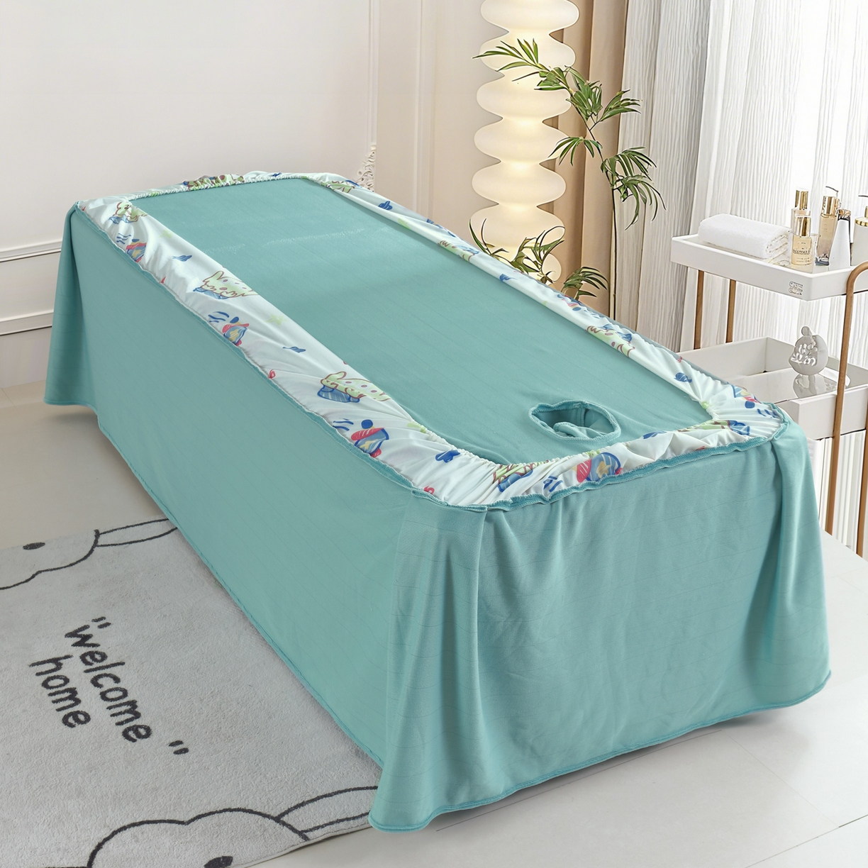 91家纺网 家纺一手货源 找家纺 千姿坊美容床罩 2025新款秋冬加厚保暖牛奶绒美容床罩四件套美容院养生馆专用 淘气熊猫-浅绿