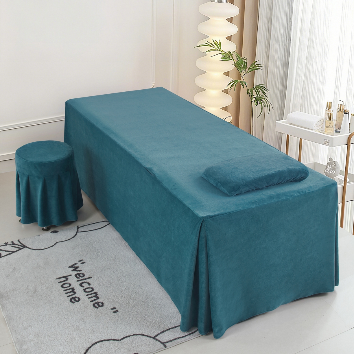 91家纺网 家纺一手货源 找家纺 千姿坊美容床罩 2025新款秋冬加厚保暖牛奶绒美容床罩四件套美容院养生馆专用 淘气熊猫-深蓝