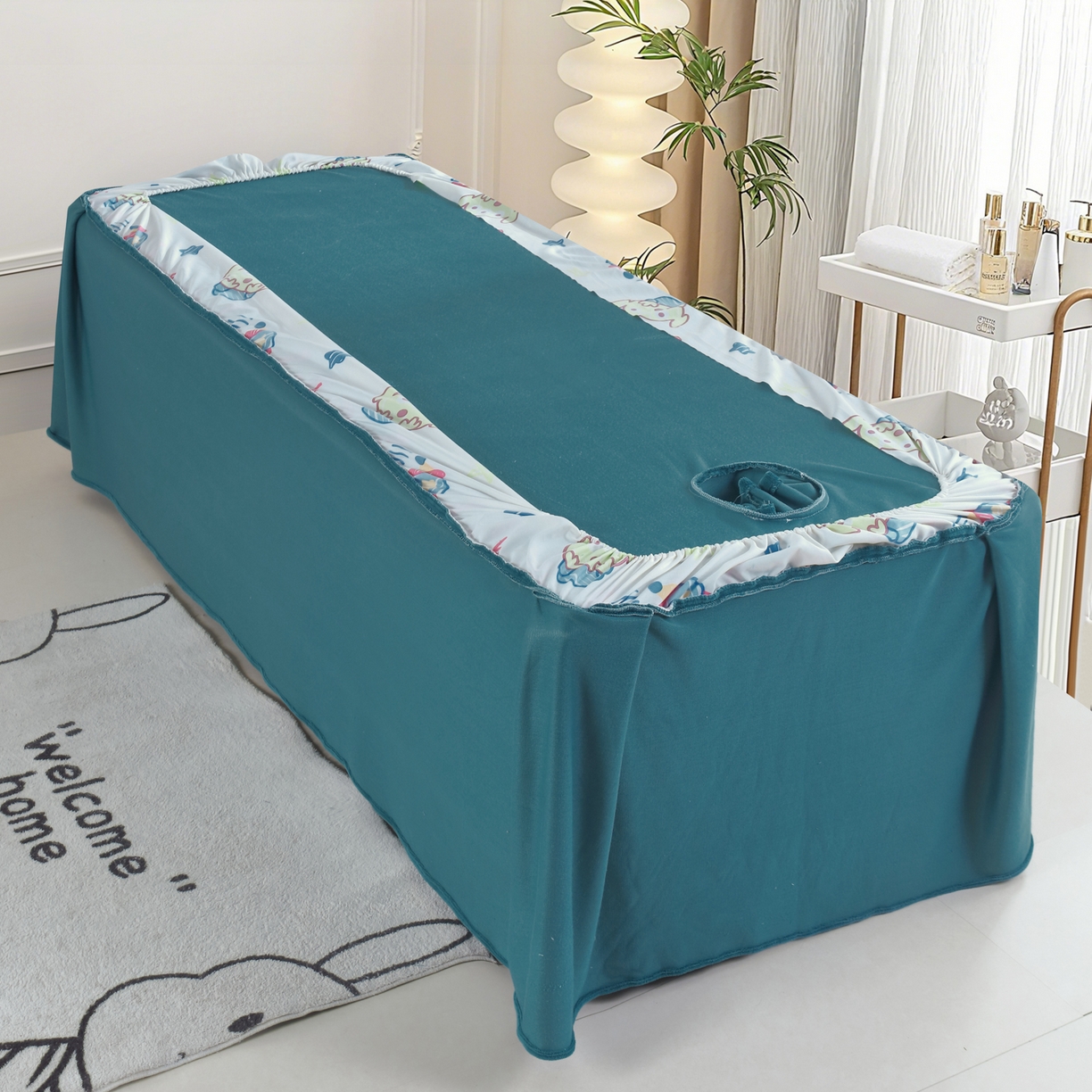 91家纺网 家纺一手货源 找家纺 千姿坊美容床罩 2025新款秋冬加厚保暖牛奶绒美容床罩四件套美容院养生馆专用 淘气熊猫-深蓝