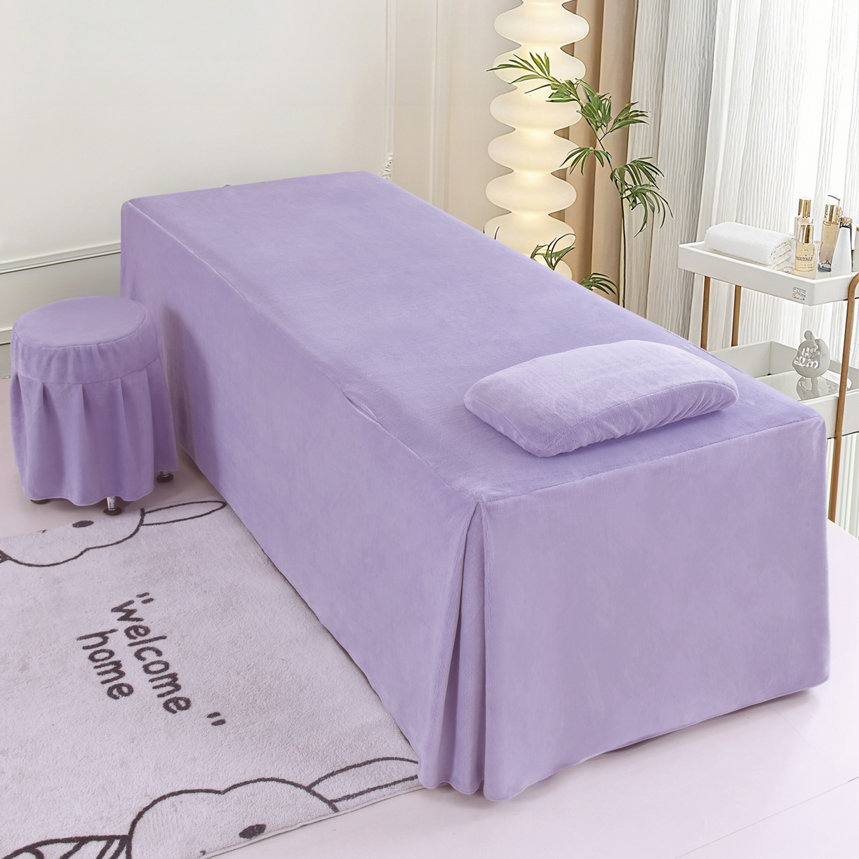 91家纺网 家纺一手货源 找家纺 千姿坊美容床罩 2025新款秋冬加厚保暖牛奶绒美容床罩四件套美容院养生馆专用 淘气熊猫-紫色