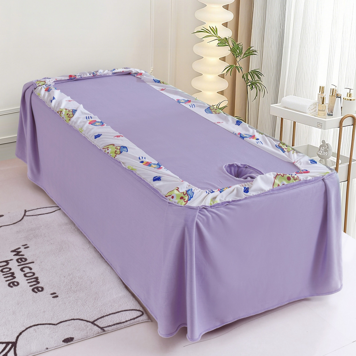 91家纺网 家纺一手货源 找家纺 千姿坊美容床罩 2025新款秋冬加厚保暖牛奶绒美容床罩四件套美容院养生馆专用 淘气熊猫-紫色