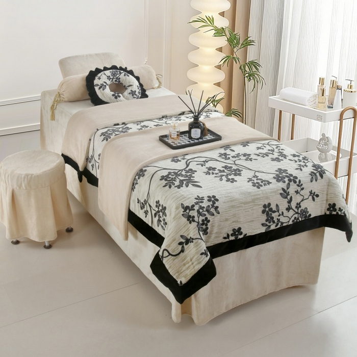 千姿坊美容床罩 2025新款秋冬加厚保暖牛奶绒美容床罩四件套美容院养生馆专用 叶语悠然-黑卡