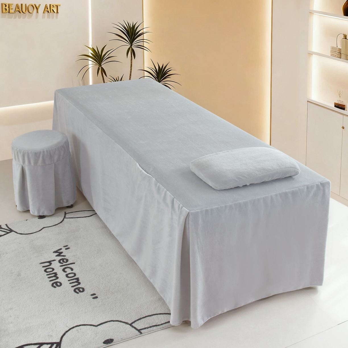 91家纺网 家纺一手货源 找家纺 千姿坊美容床罩 2025新款秋冬加厚保暖牛奶绒美容床罩四件套美容院养生馆专用 盛夏丛林-灰