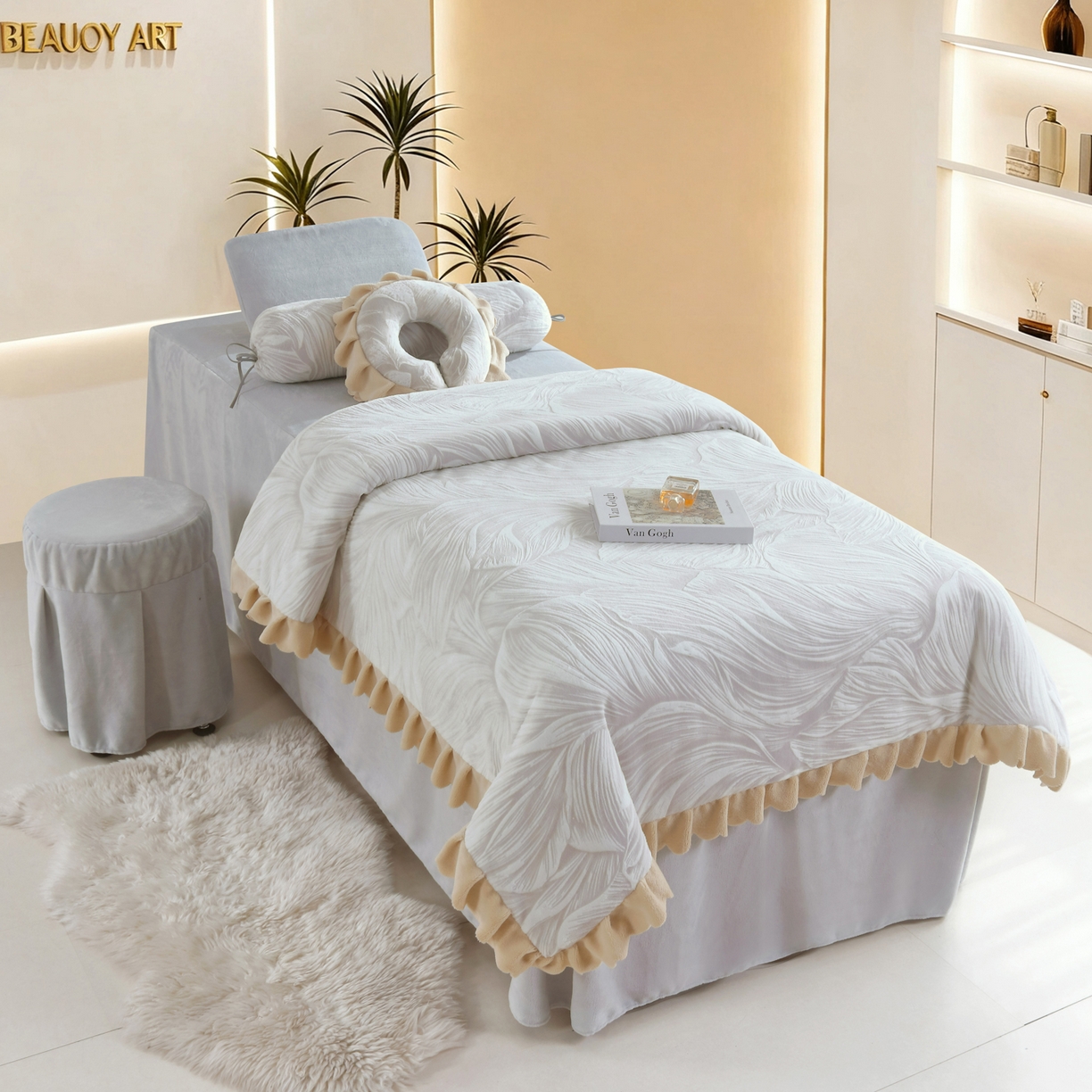 91家纺网 家纺一手货源 找家纺 千姿坊美容床罩 2025新款秋冬加厚保暖牛奶绒美容床罩四件套美容院养生馆专用 盛夏丛林-灰