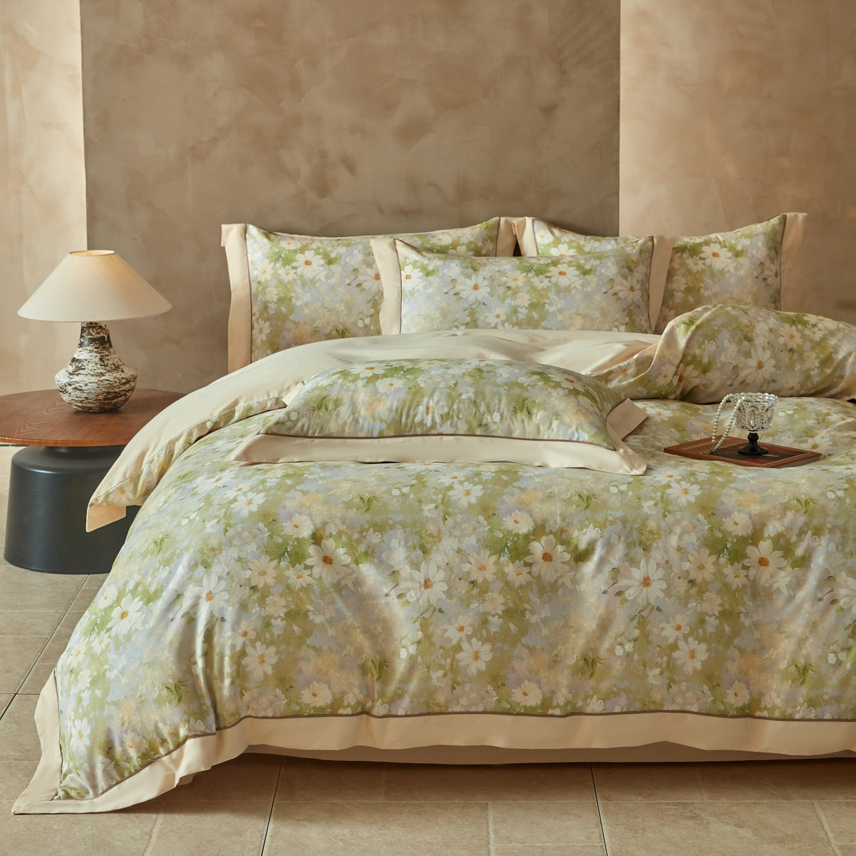 91家纺网 家纺一手货源 找家纺 洺兰家居 2026年新疆长绒棉100支秋冬款轻磨毛加厚保暖工艺款四件套床上用品 栀子花开-绿