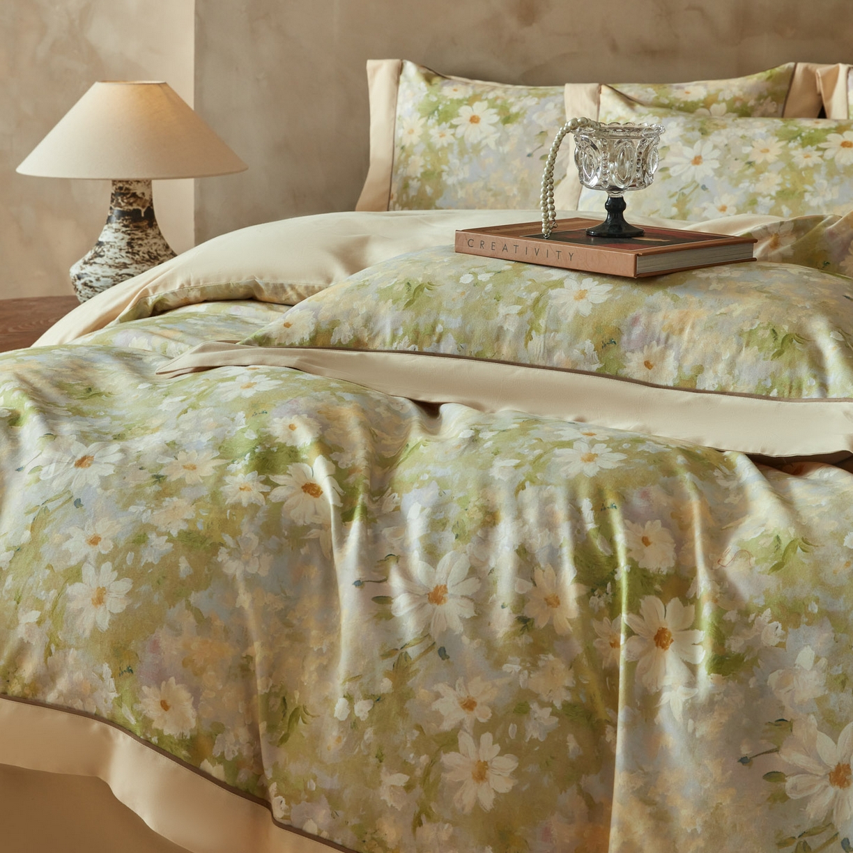 91家纺网 家纺一手货源 找家纺 洺兰家居 2026年新疆长绒棉100支秋冬款轻磨毛加厚保暖工艺款四件套床上用品 栀子花开-绿