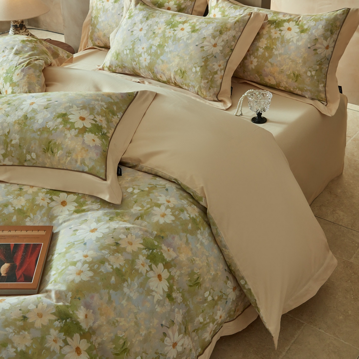 91家纺网 家纺一手货源 找家纺 洺兰家居 2026年新疆长绒棉100支秋冬款轻磨毛加厚保暖工艺款四件套床上用品 栀子花开-绿