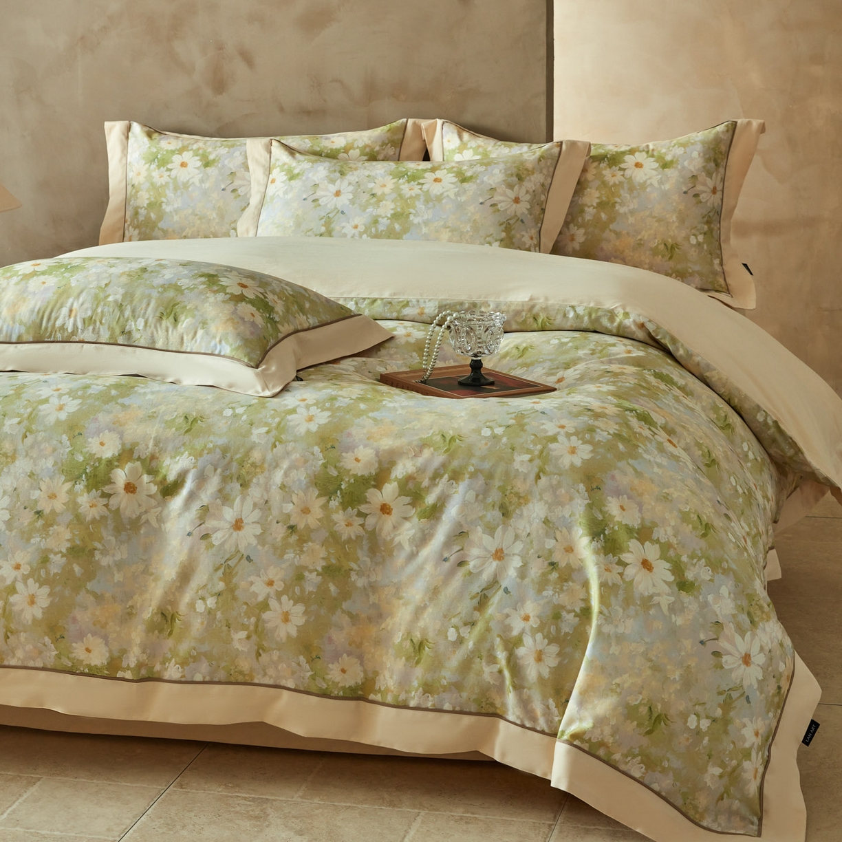 91家纺网 家纺一手货源 找家纺 洺兰家居 2026年新疆长绒棉100支秋冬款轻磨毛加厚保暖工艺款四件套床上用品 栀子花开-绿