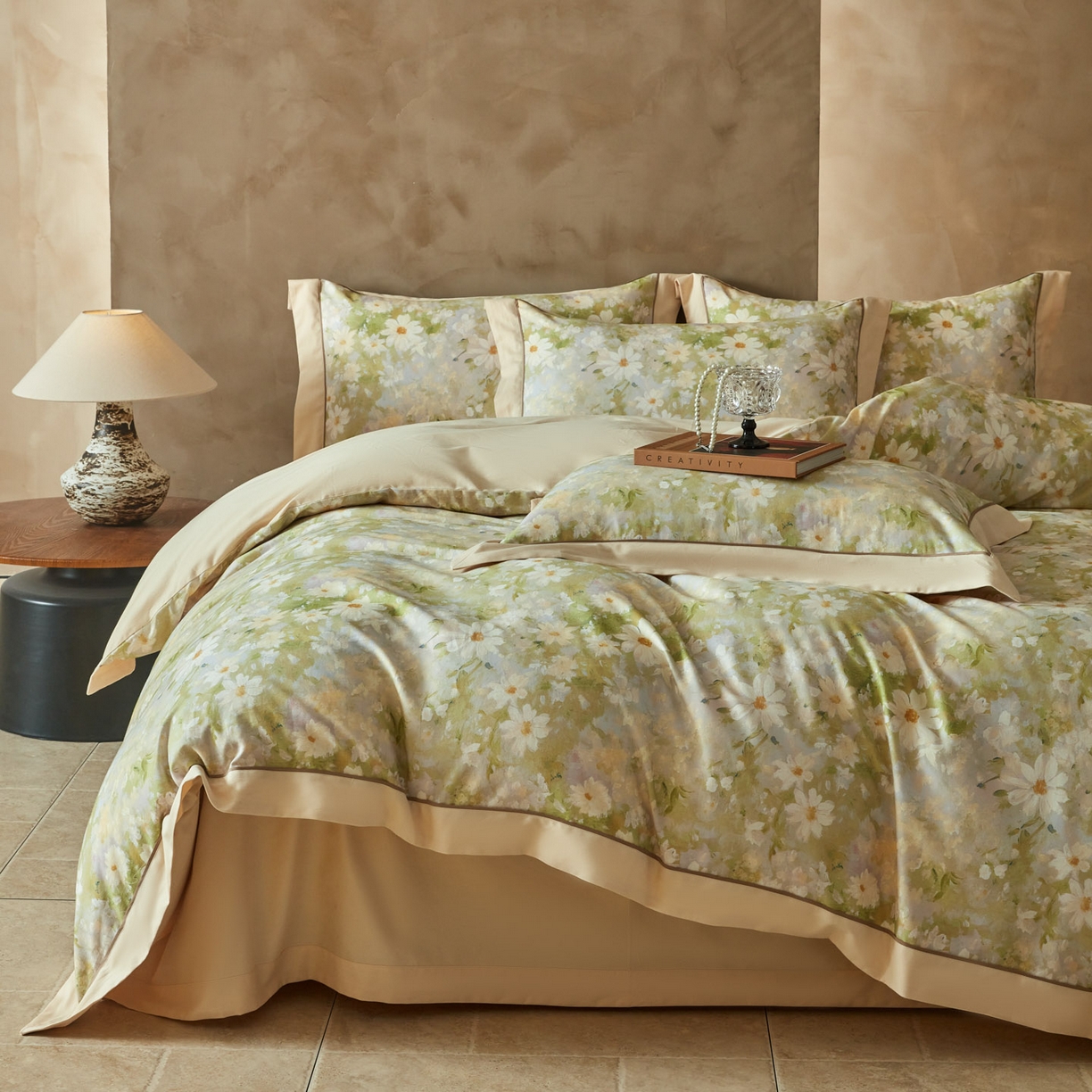 91家纺网 家纺一手货源 找家纺 洺兰家居 2026年新疆长绒棉100支秋冬款轻磨毛加厚保暖工艺款四件套床上用品 栀子花开-绿