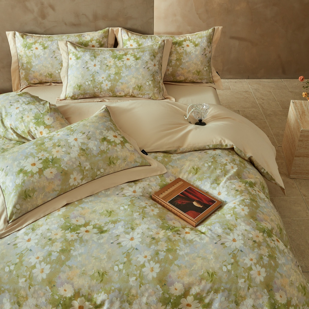 91家纺网 家纺一手货源 找家纺 洺兰家居 2026年新疆长绒棉100支秋冬款轻磨毛加厚保暖工艺款四件套床上用品 栀子花开-绿