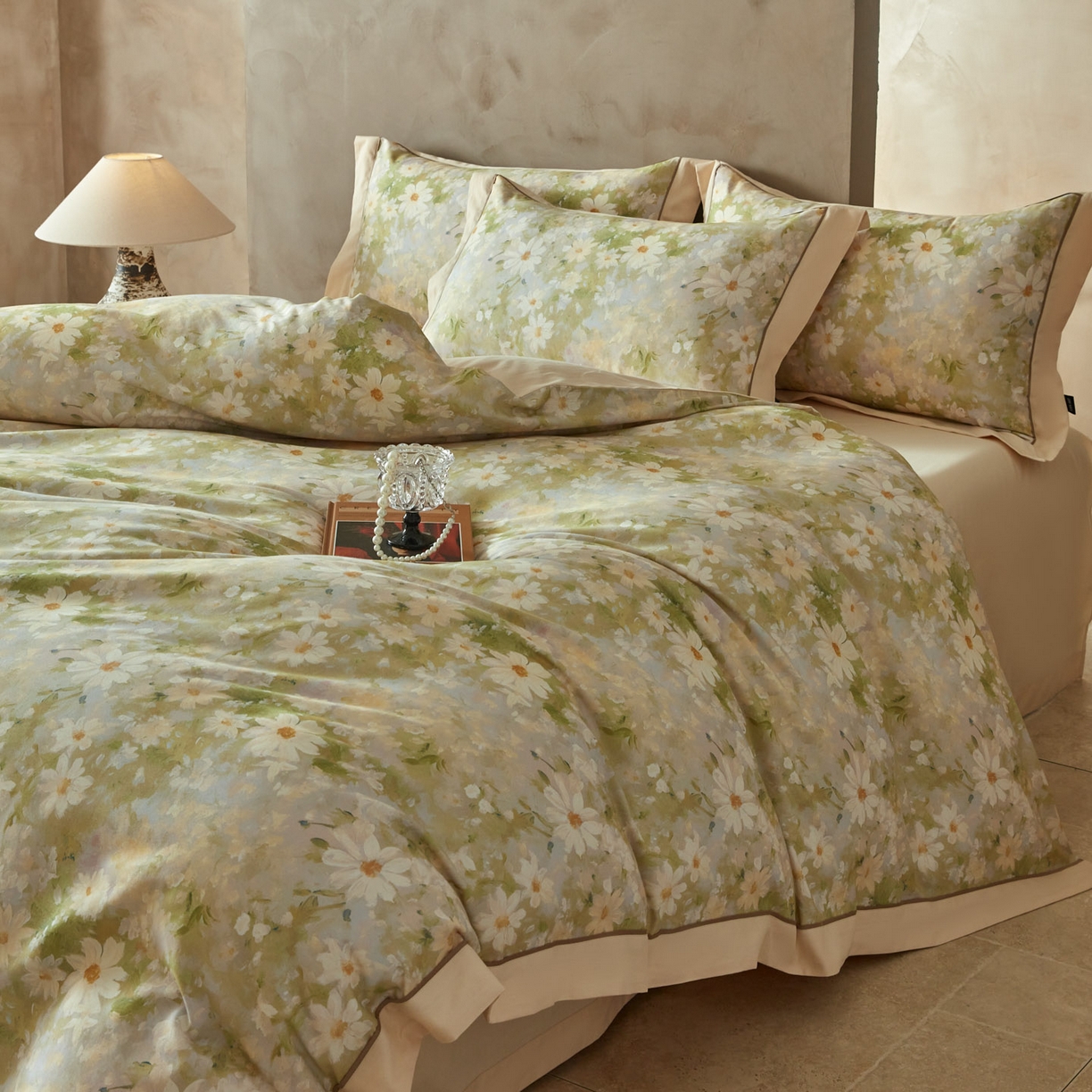 91家纺网 家纺一手货源 找家纺 洺兰家居 2026年新疆长绒棉100支秋冬款轻磨毛加厚保暖工艺款四件套床上用品 栀子花开-绿