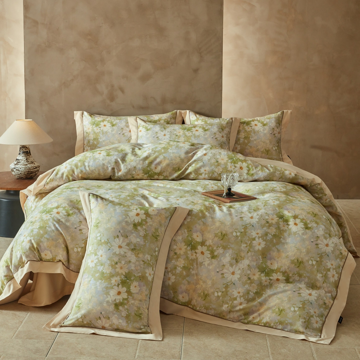 91家纺网 家纺一手货源 找家纺 洺兰家居 2026年新疆长绒棉100支秋冬款轻磨毛加厚保暖工艺款四件套床上用品 栀子花开-绿