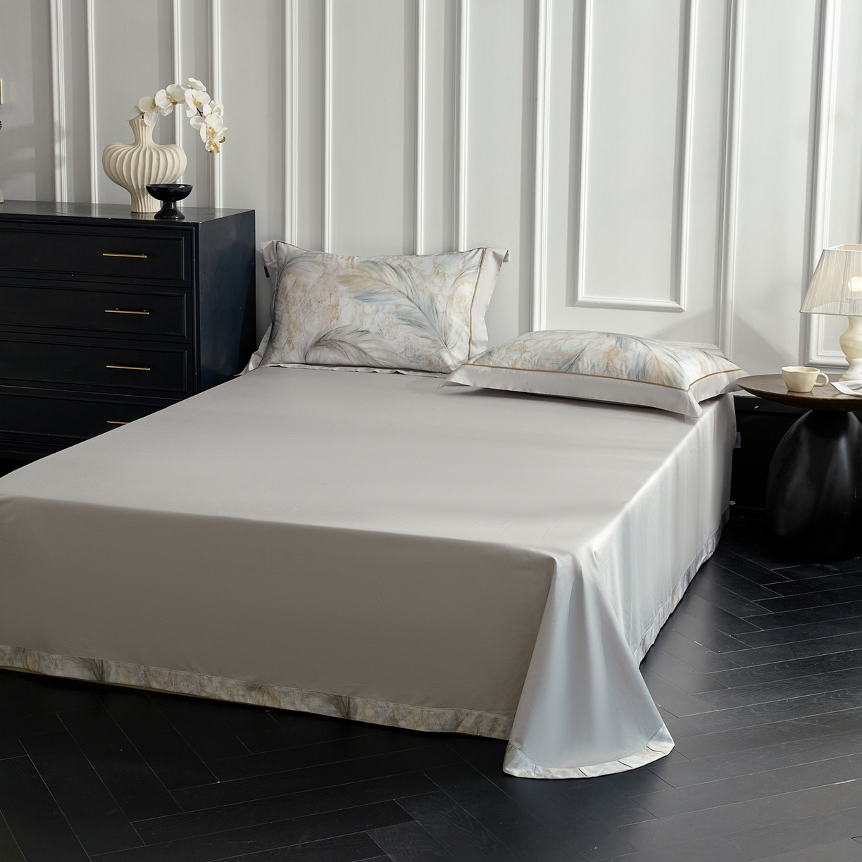 91家纺网 家纺一手货源 找家纺 洺兰家居 2026年新疆长绒棉100支天丝棉高端工艺款床单床笠四件套床上用品 羽墨