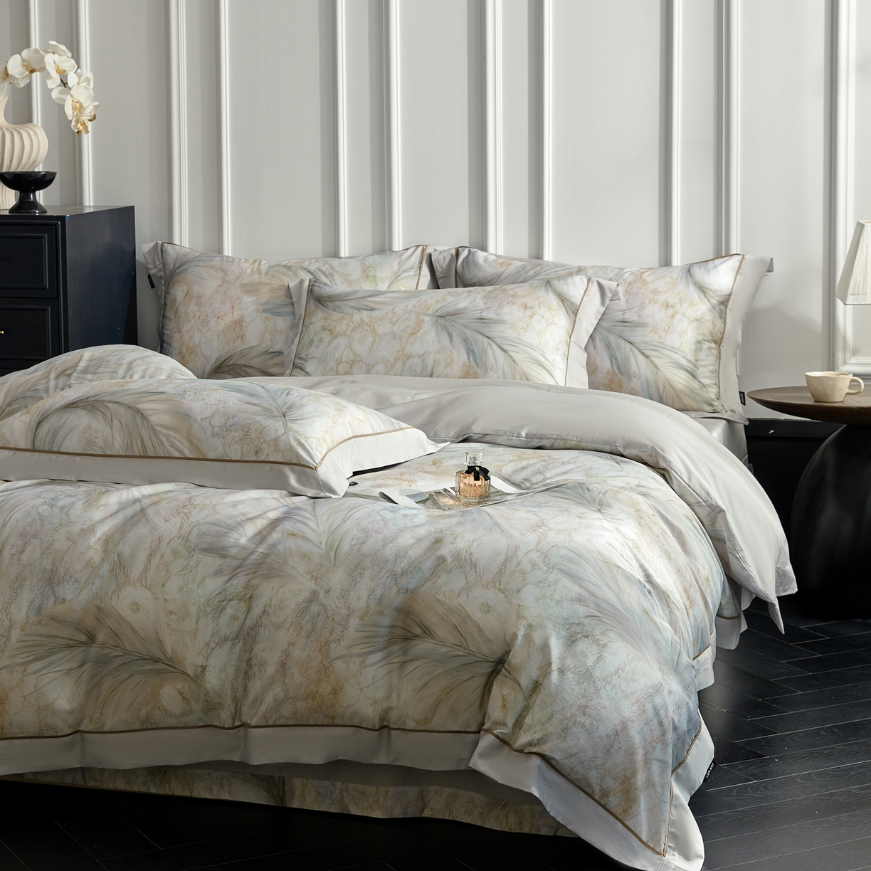 91家纺网 家纺一手货源 找家纺 洺兰家居 2026年新疆长绒棉100支天丝棉高端工艺款床单床笠四件套床上用品 羽墨