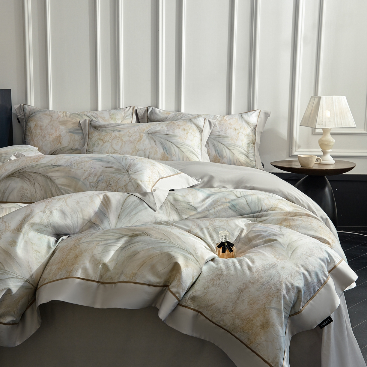 91家纺网 家纺一手货源 找家纺 洺兰家居 2026年新疆长绒棉100支天丝棉高端工艺款床单床笠四件套床上用品 羽墨