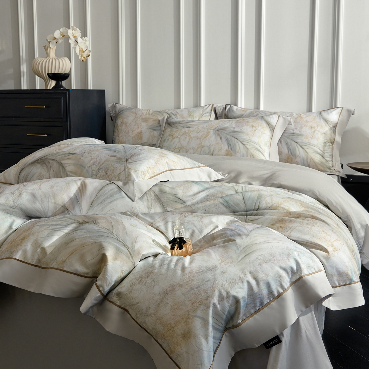 91家纺网 家纺一手货源 找家纺 洺兰家居 2026年新疆长绒棉100支天丝棉高端工艺款床单床笠四件套床上用品 羽墨