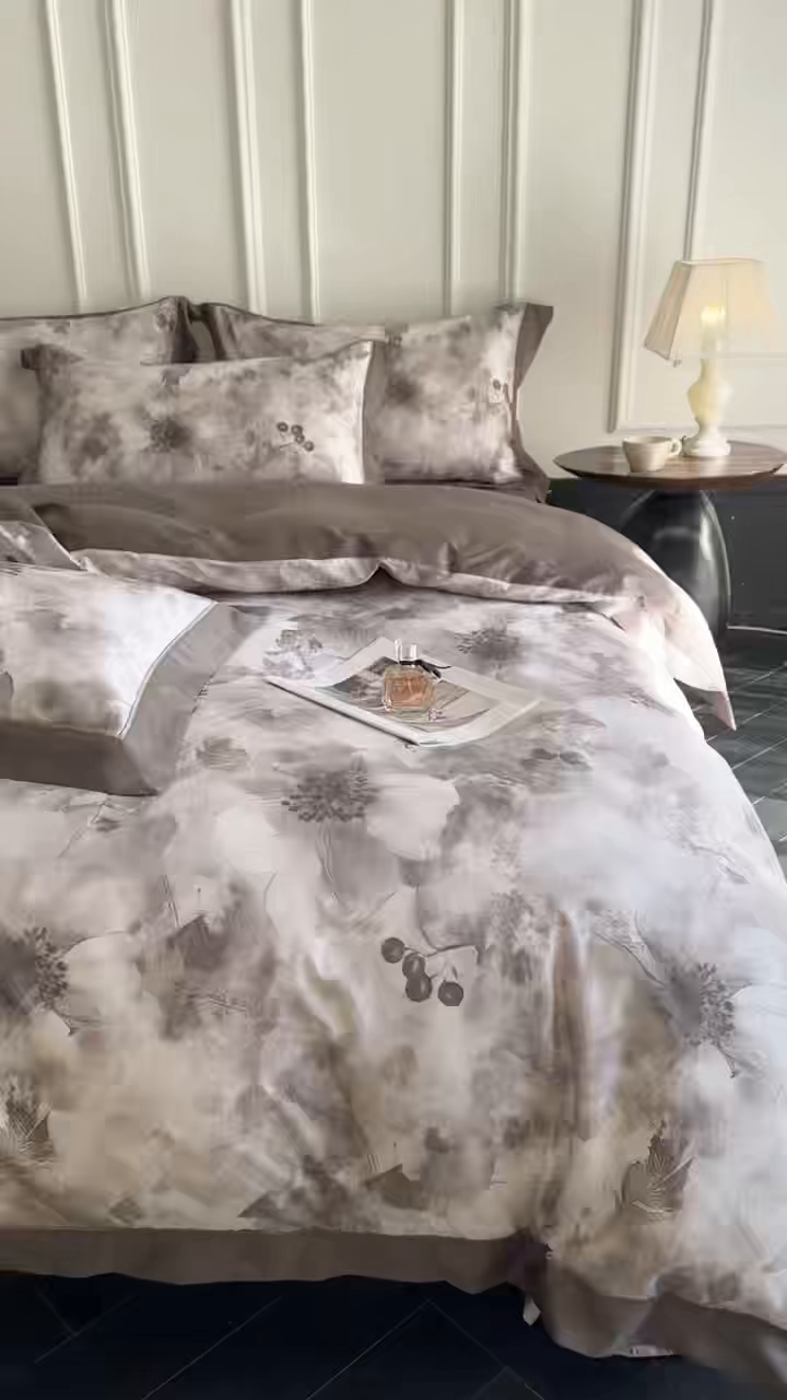 91家纺网 家纺一手货源 找家纺 洺兰家居 2026年新疆长绒棉100支天丝棉高端工艺款床单床笠四件套床上用品 陌上花开