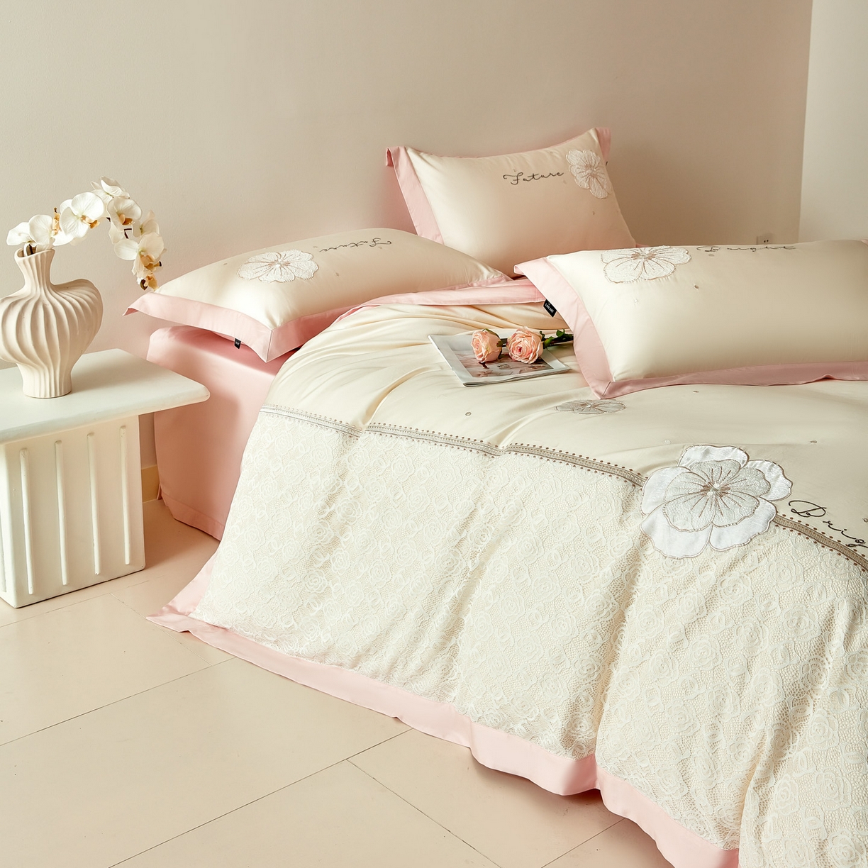 91家纺网 家纺一手货源 找家纺 洺兰家居 2026年新疆长绒棉100支刺绣款绣花工艺款法式四件套 云岚 云岚-米