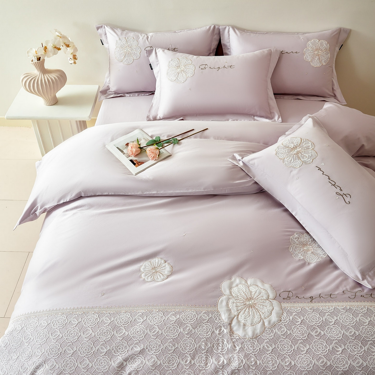 91家纺网 家纺一手货源 找家纺 洺兰家居 2026年新疆长绒棉100支刺绣款绣花工艺款法式四件套 云岚 云岚-紫