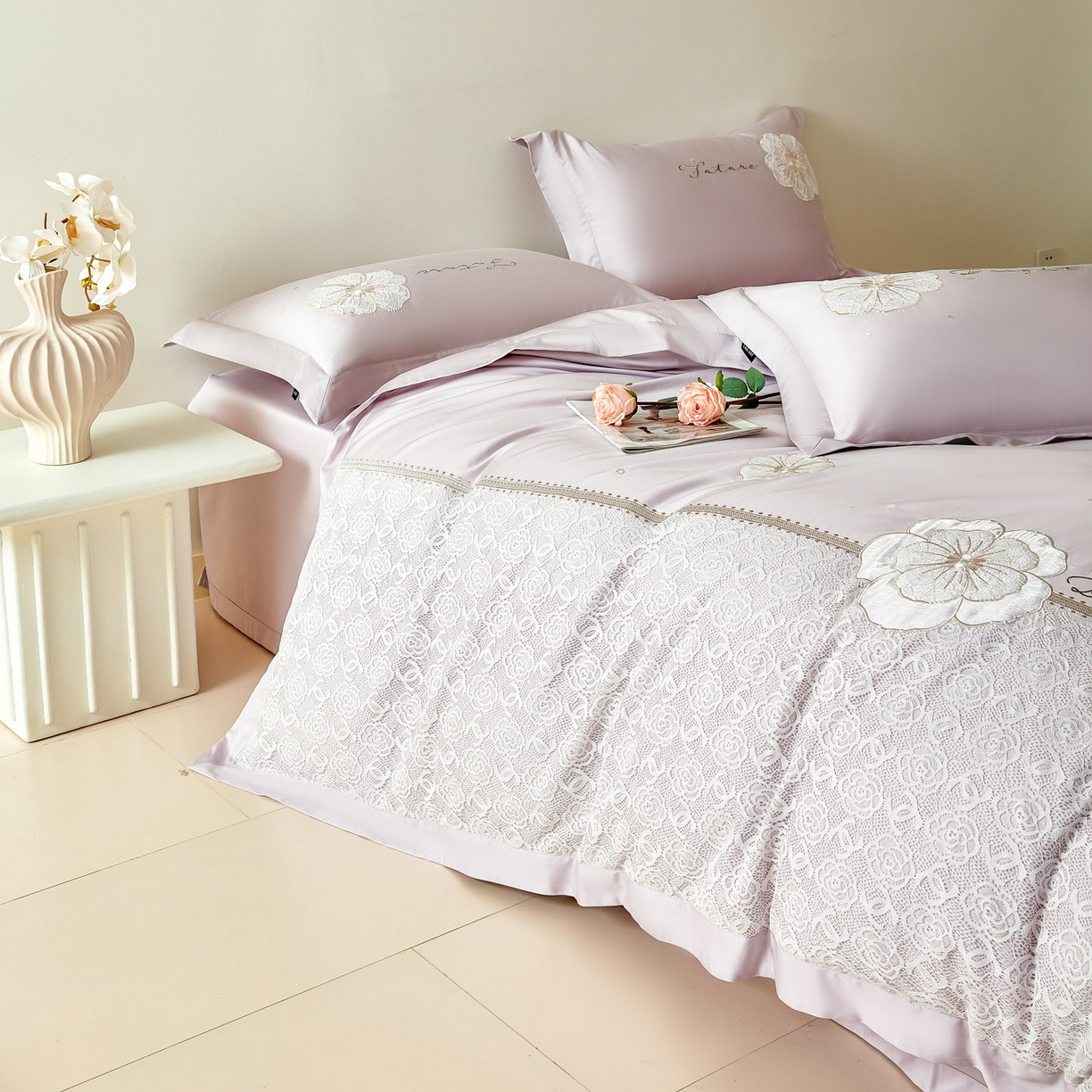 91家纺网 家纺一手货源 找家纺 洺兰家居 2026年新疆长绒棉100支刺绣款绣花工艺款法式四件套 云岚 云岚-紫