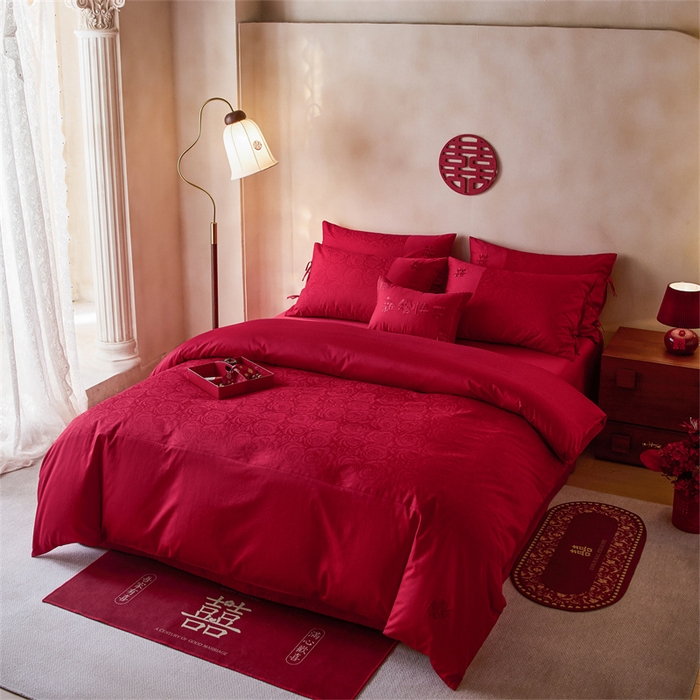 91家纺网 家纺一手货源 找家纺 红番天婚庆 2025新款小红书热卖款仿丝棉提花时尚婚庆系列四件套多件套 唯爱