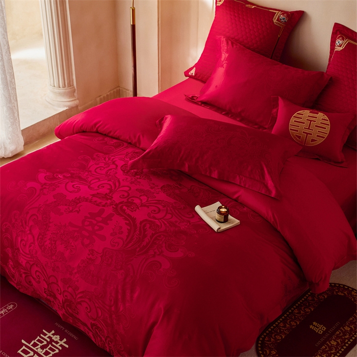 91家纺网 家纺一手货源 找家纺 红番天婚庆 2025新款小红书热卖款仿丝棉提花时尚婚庆系列四件套多件套 禧妆